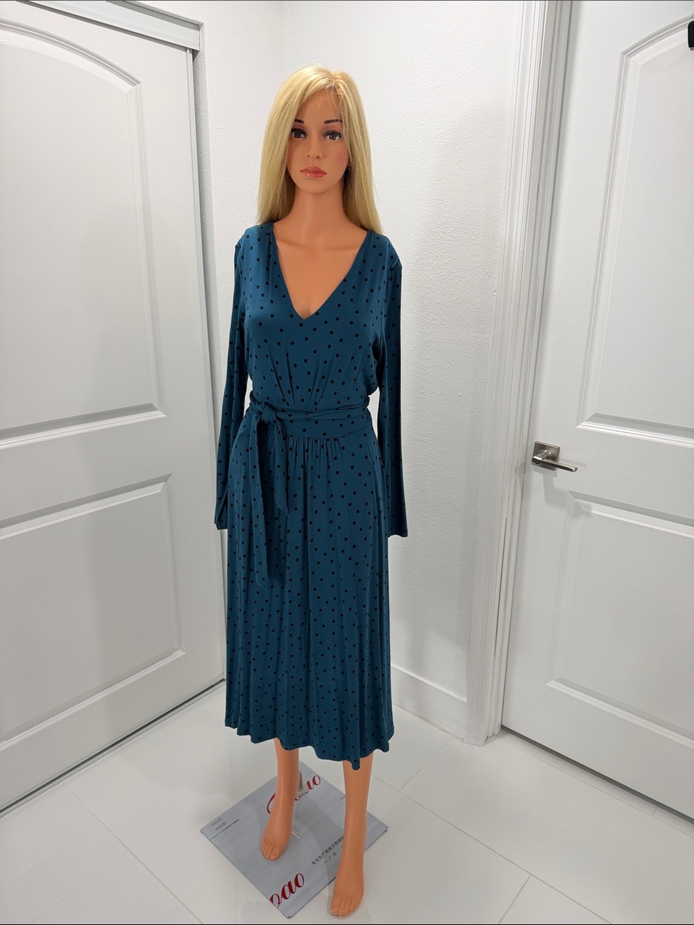 Boden Teal Polka Dot V-Neck Midi Dress with Tie Waist